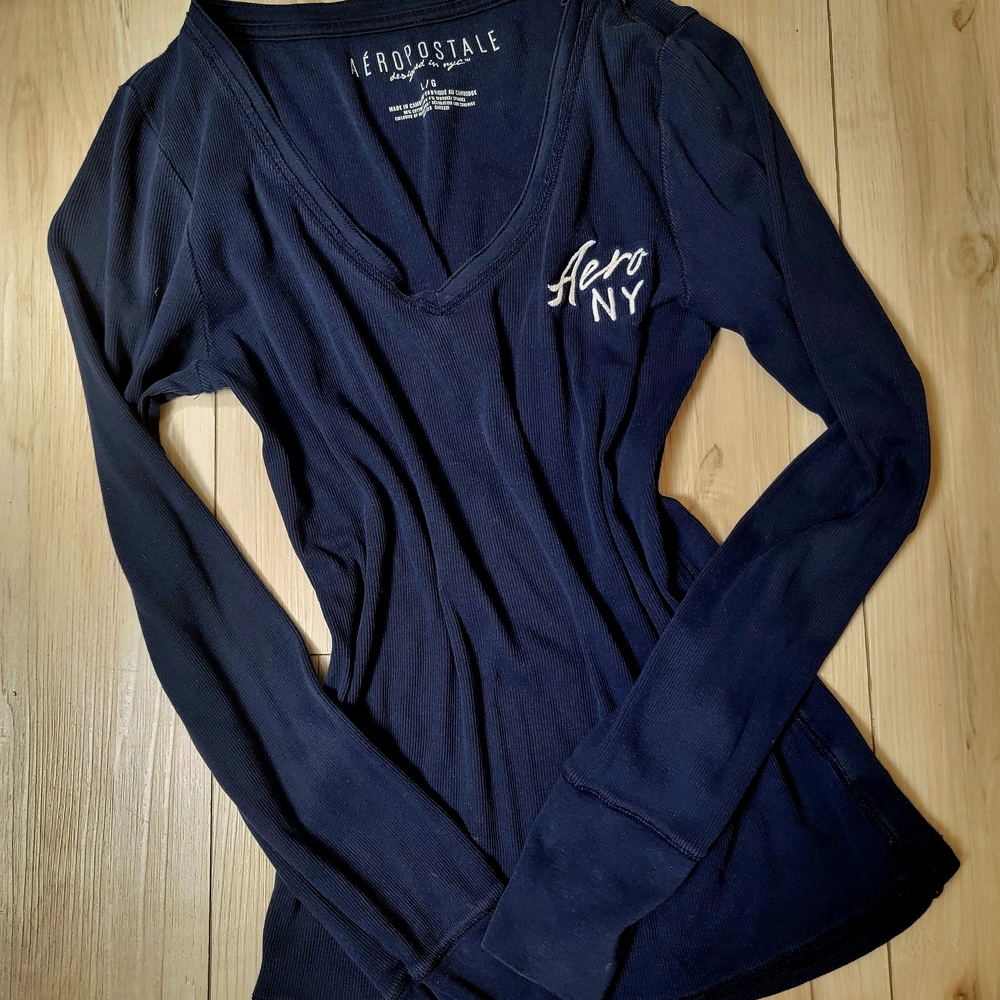 AEROPOSTAL NAVY DARK BLUE LONG SLEEVE Y2K HENLEY TOP